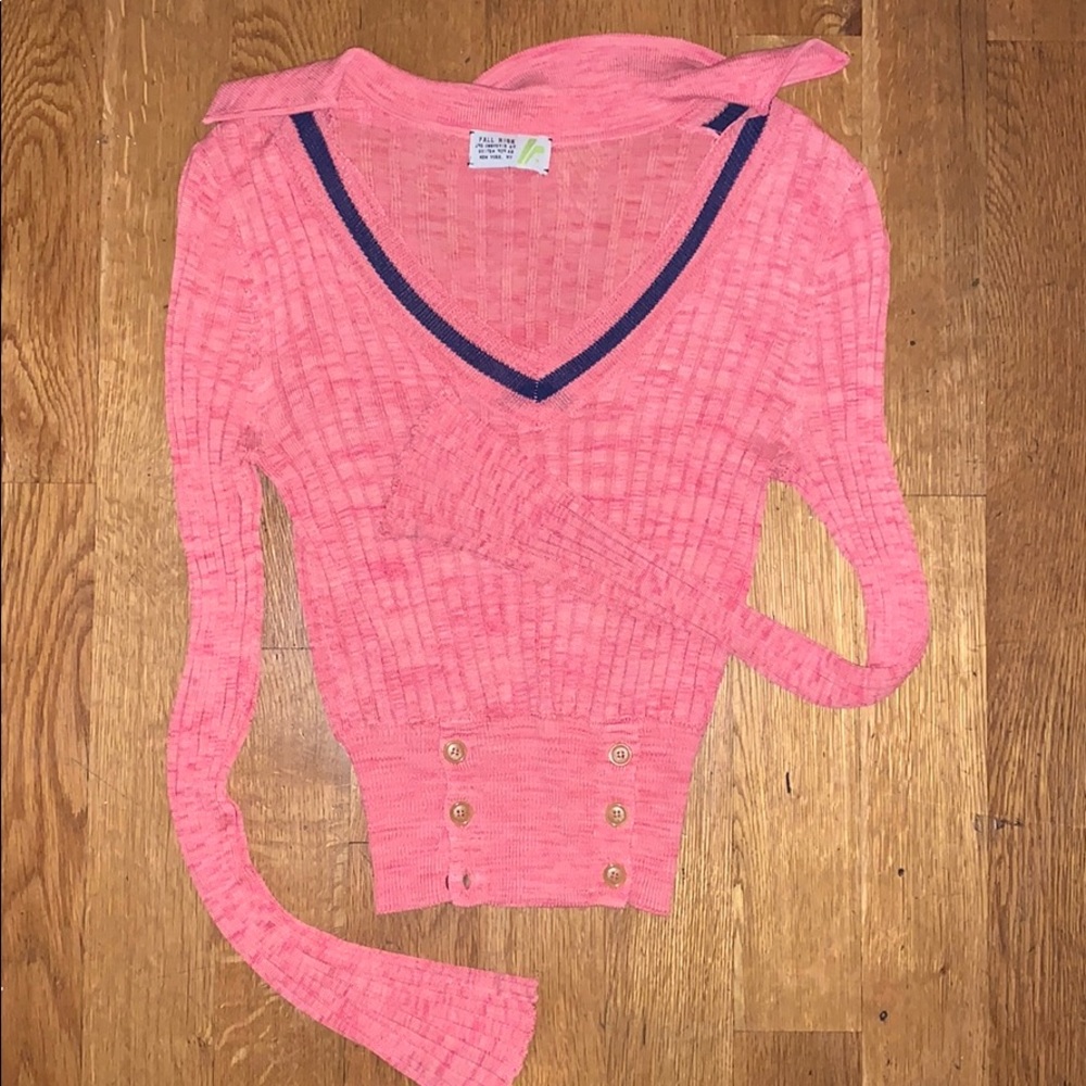 Pink and navy collared v neck long sleeve